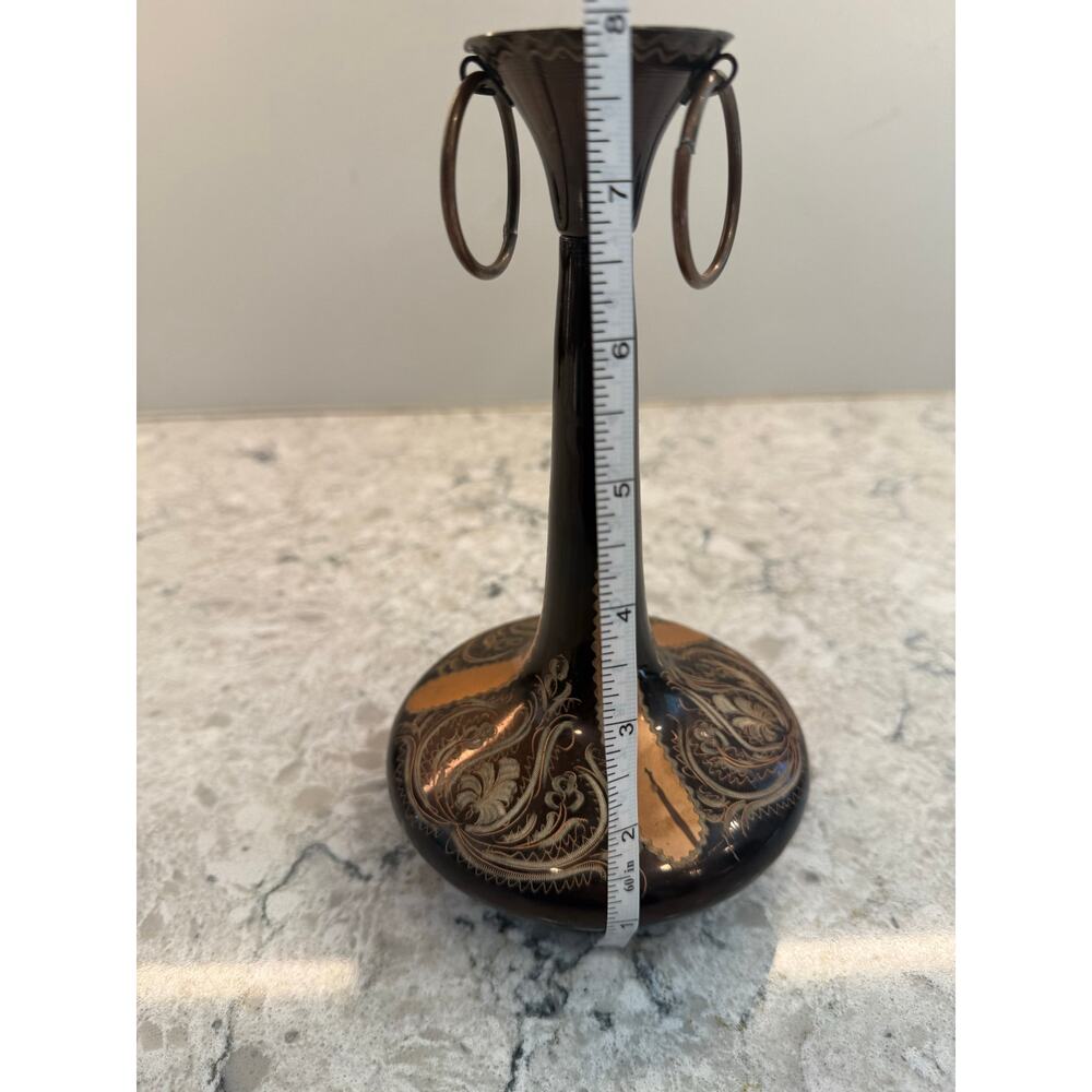 Vintage Turkish Hand Etched Copper Decorative Vase w Ring Handles JL - Picture 4 of 8